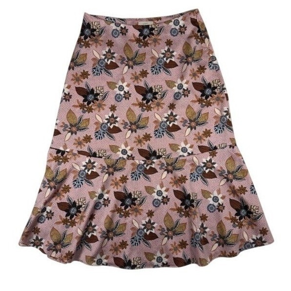 LOFT Pink Floral Polka Dot Midi Skirt Womens Size 6 Tiered Flounce Hem Side‎ Zip